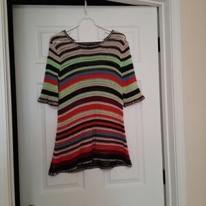 New Directions Size L Petite Multicolor Striped Shortsleeve Crochet Top